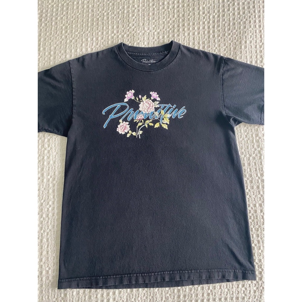 Primitive Skateboarding Mens Black Floral‎ Script Logo Graphic T-Shirt Size M